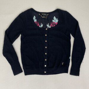 Juicy Couture XS Black Cardigan Floral Silk Back Detail and Gold Button